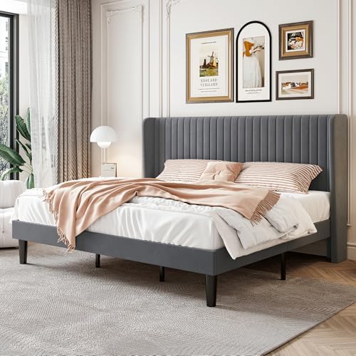 SHA CERLIN King Size Velvet Bed Frame, Tufted Wingback Headboard by SHACERLIN