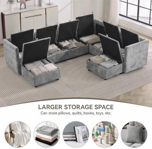 105" Light Grey Modular Storage Sofa, U Shaped Chenille Couch - Image 3