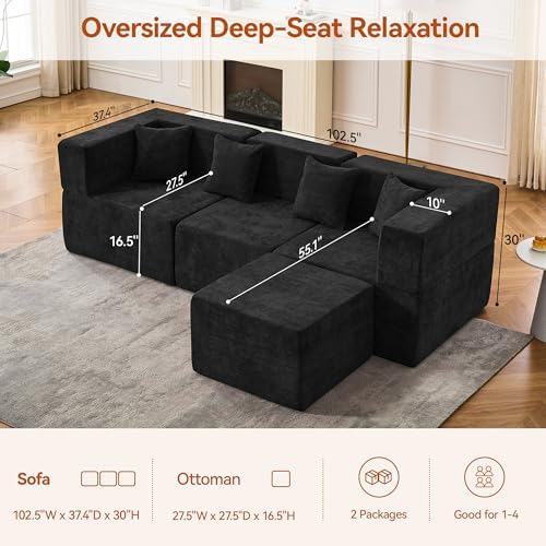 MONVANE 103'' Modular Sectional Sofa, Comfy Chenille Cloud Couch - Image 2