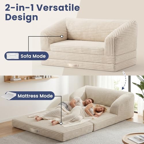 Beige Loveseat 51", 2-in-1 Convertible Tri-Folding Sofa Bed - Image 3