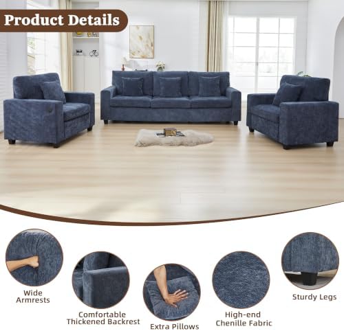 3 Seater Sofa with 2 Accent Sofa Chairs Chenille Couch Set - Image 6