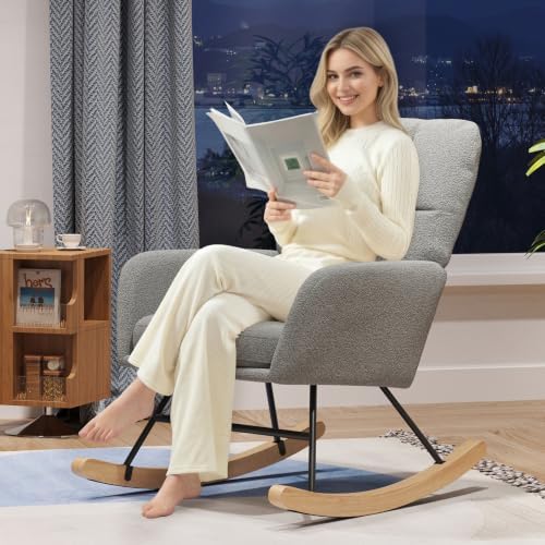 Nursery Rocking Chair Teddy, Upholstered Glider Rocker, Light Grey - Image 7