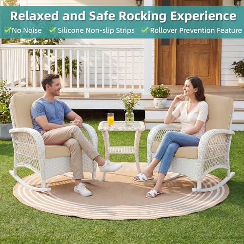 MEETWARM 3 Pieces Patio Conversation Set, Rattan Outdoor Rocking Patio Bistro - Image 2
