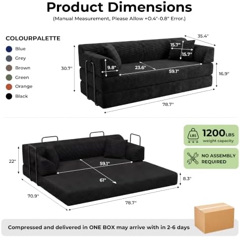 79'' Convertible Futon Sofa Bed, High‑Back Boneless Couches - Image 2