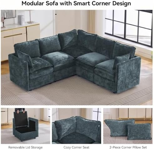 80" Blue Modular Storage Sofa, V Shaped Chenille Cloud Couch - Image 6
