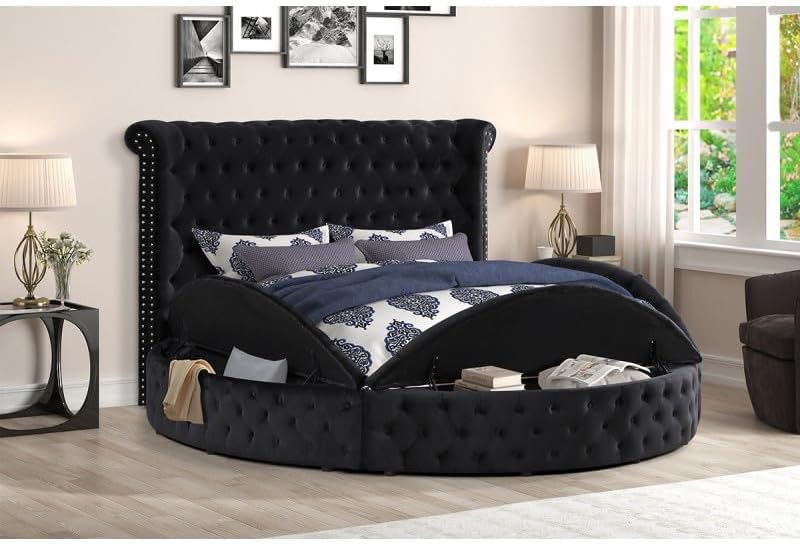 First of a Kind Velvet Tufted Platform Storage Bed, Circle Bed - Image 3
