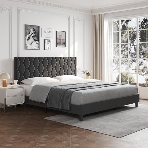Beige King Size Upholstered Platform Bed Frame – Adjustable Headboard – - Image 6