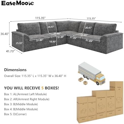 EASE MOOSE 115" V Shaped Sofa, Modular Boneless Couches - Image 2