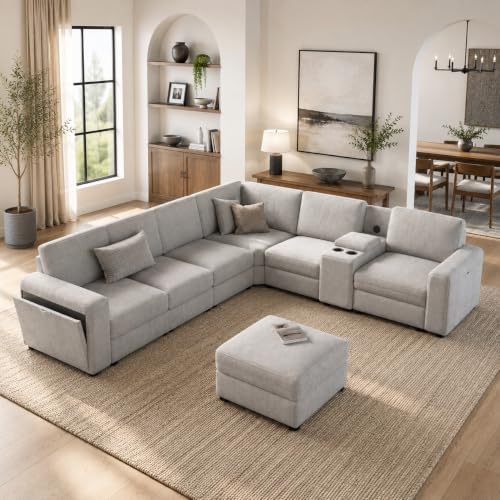 Vesgantti Modular 6-Seater Chenille L Shaped Sectional Sofa, Light Grey by Vesgantti
