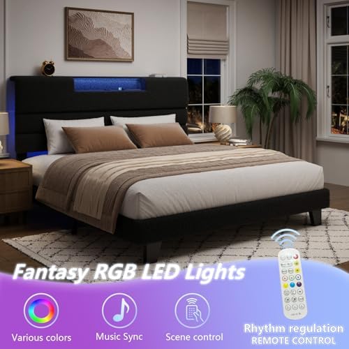 King Bed Frame with Charging, LED Boucle Platform Bed, Dark Grey - Image 3