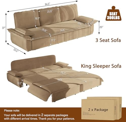 94.5" Sleeper Sofa Bed King Size, 3-in-1 Convertible Corduroy Couch - Image 3