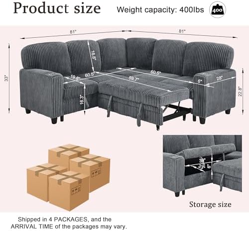 L-Shaped Sectional Couch with Storage and Pull Out Bed, Convertible Sofa Bed - Image 2