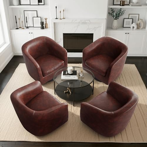 Pia Ricco Set of 4 Oversized Faux Leather 360° Swivel Barrel Accent Chair Red by PiaRicco