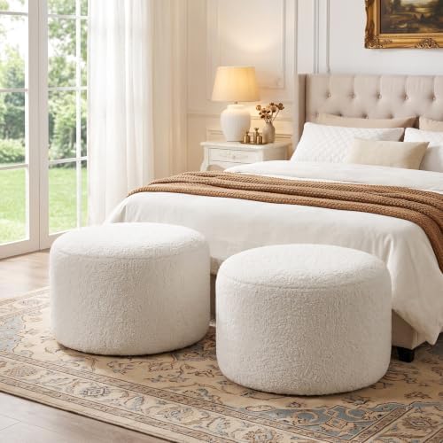 Upholstered Round Pouf Ottoman Set of 2, Modern Footstools by Scingu