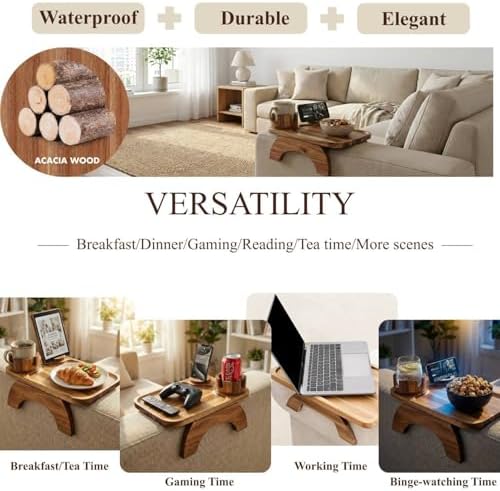 Couch Armrest Table, Acacia Wood Sofa Arm Tray - Image 4