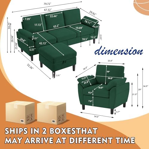 3 Piece Convertible Sectional Sofa Set, Modern Linen Small L Shaped Couch - Image 2