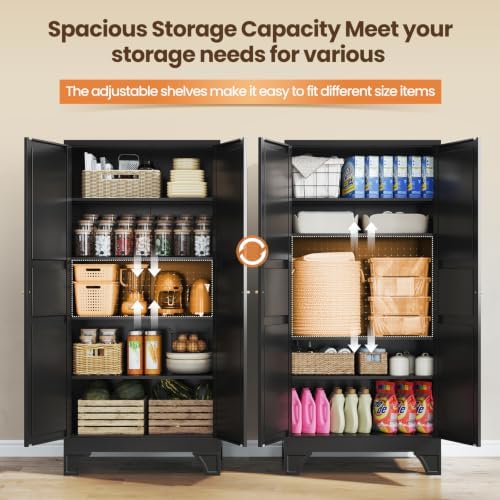Black Tall Pantry Cabinet Kitchen Metal Garage Storage Cabinet Cupboard 75" - Image 4