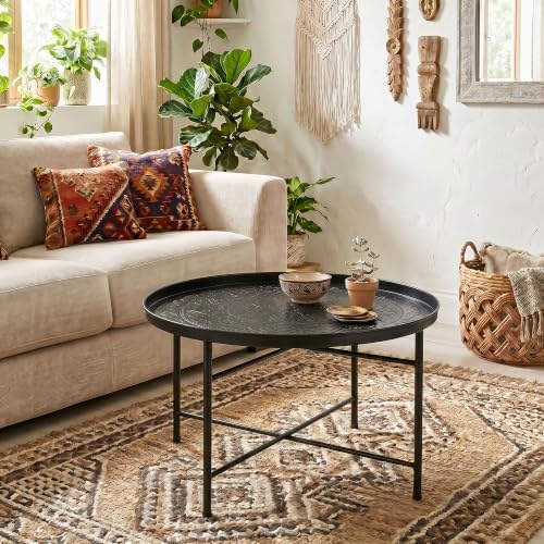HOMCOM 24" Hammered Round Coffee Table Vintage Metal Side Table Black - Image 2
