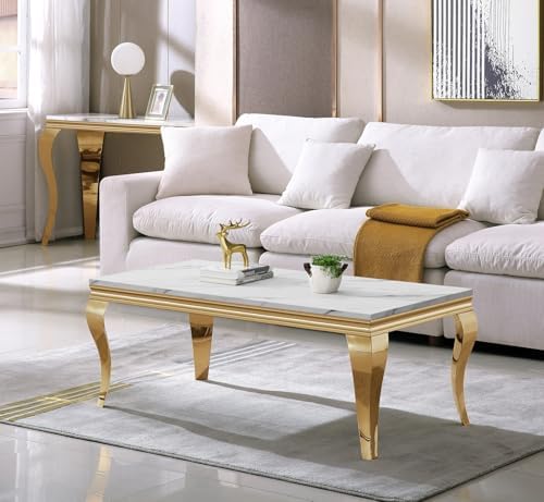White and Gold Faux Marble Coffee Table Modern Centre Table by Henf