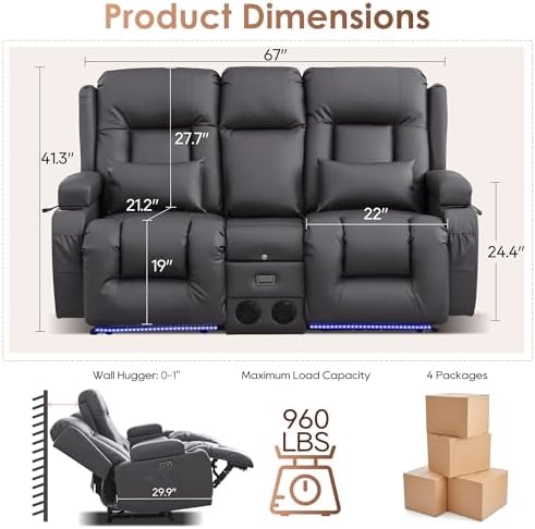 TUNYI Wall Hugger Loveseat Recliner Sofa - Image 2