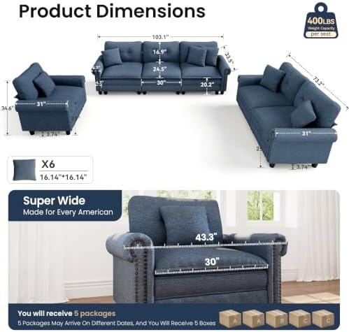 PHI VILLA Modular Sectional Sofa Set Living Room 3-Piece Extra Deep Seats - Image 3