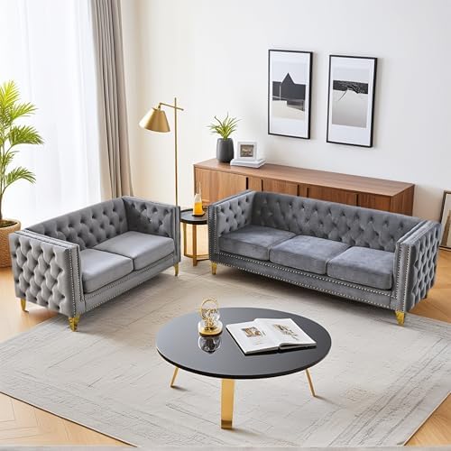 2 Piece 81" 3-Seater + 58" Loveseat Velvet Sofa Set, Buttons Tufted and Square - Image 6