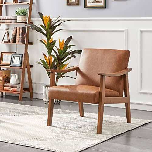 Yaheetech Accent Chairs, Mid-Century Faux Leather Armchairs, Light Brown - Image 5