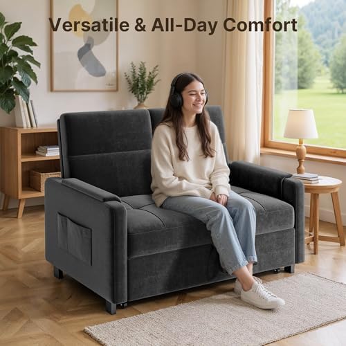 Gizoon Convertible Sofa Bed 3-in-1 Small Loveseat Sleeper Sofa, Velvet Grey - Image 6