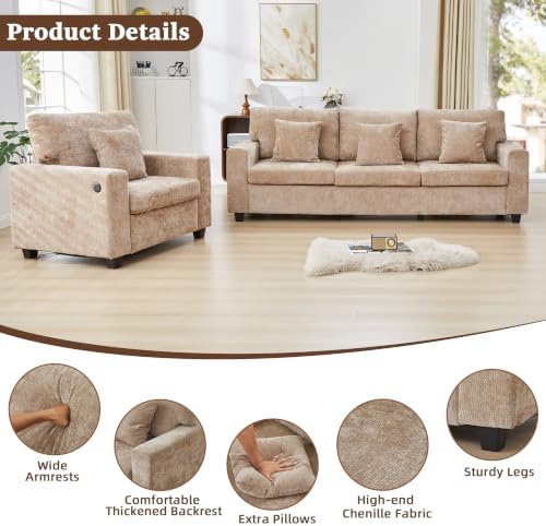 3-Seater Couch with Accent Chair Modern Chenille Sofa Set - Image 5
