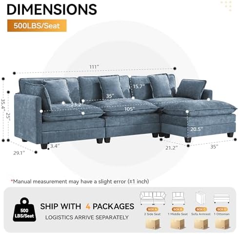 111'' Sectional Cloud Deep Seat Couch, Modern Comfy Chenille L Shaped Sectional - Image 2