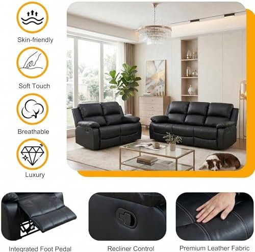 2 Piece Manual Reclining Leather Sofa Set, Reclining Couch Sofa Set Includes 3 - Image 2
