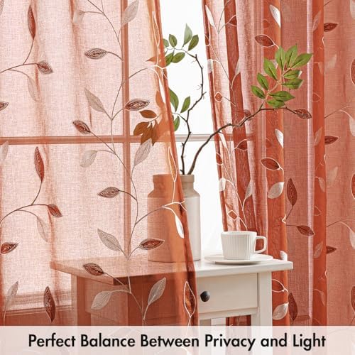 MIULEE Terracotta Sheer Fall Curtains 2 Panels Leaf Patterned, W52 x L45 - Image 5