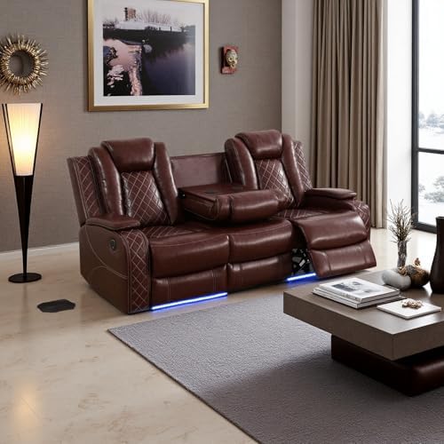 Power Recliner Set with LED Lights, Air Leather Reclining Sofa Set with USB by COSYMOORFURNITURE