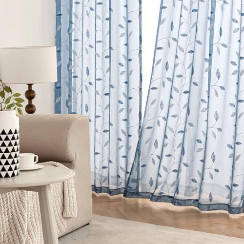 MIULEE Stone Blue Sheer Curtains 2 Panels Leaf Patterned, W52 x L84 - Image 3