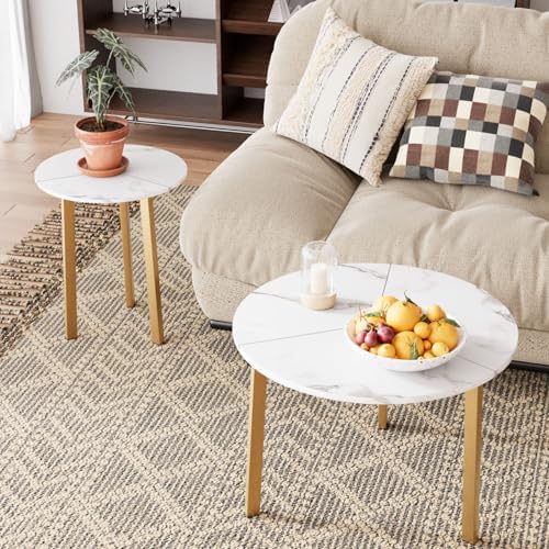SUNBURY Coffee Table Nesting White Set of 2, Round Coffee Table 23.6", Side - Image 4