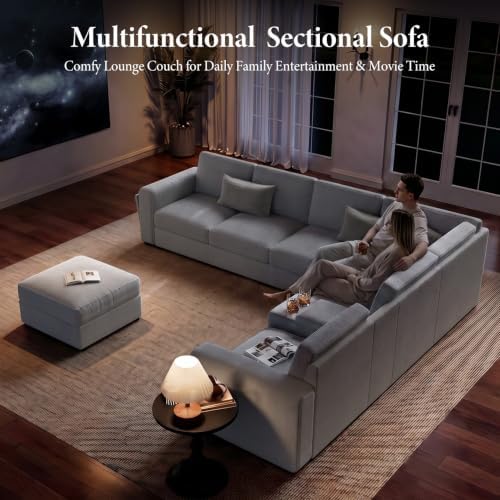 Vesgantti Modular 6-Seater Chenille L Shaped Sectional Sofa, Light Grey - Image 3