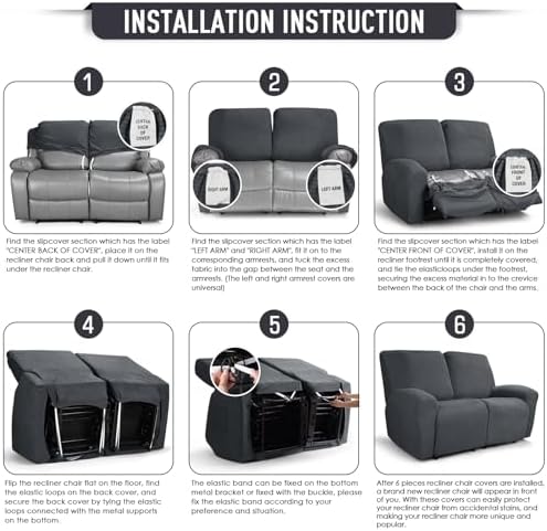 TAOCOCO Stretch Loveseat Recliner Covers 6 Piece, Charcoal Grey - Image 6