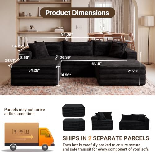 Claiks 94" Boneless Couch, U-Shape Corduroy Sectional Sofa - Image 2