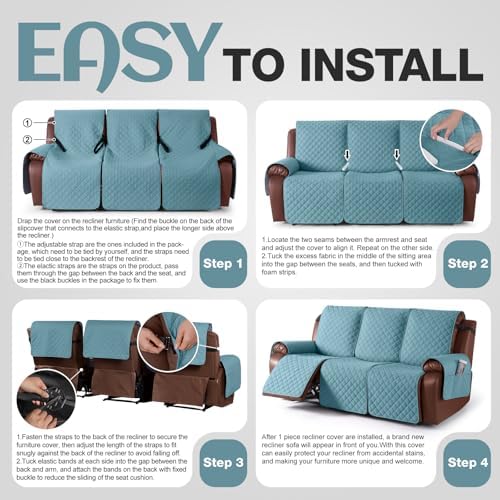 KinCam Waterproof Recliner Sofa Covers Washable, 3 Seater, Light Blue - Image 6