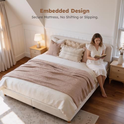 King Size Cloud Bed Frame, Boucle Wood Upholstered Platform Bed - Image 3