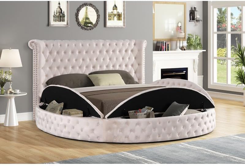 First of a Kind Circle Velvet Tufted Upholstered Platform Storage Bed - Image 3