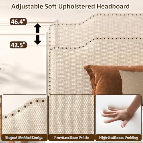 King Size Bed Frame with Upholstered Headboard, Wood Platform Bed with Soft - Image 3