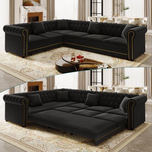 115.3" Velvet L-Shaped Pull-Out Chesterfield Sleeper Sofa Bed by Unknown