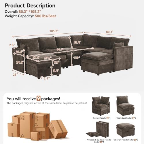 105" Brown Modular Storage Sofa, U Shaped Chenille Couch - Image 2