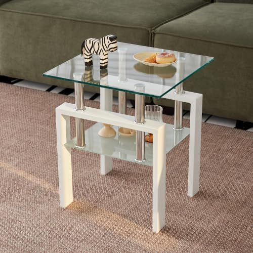 Glass End Table Tea Table with Shelf Side Table with Metal Legs Modern Small - Image 5