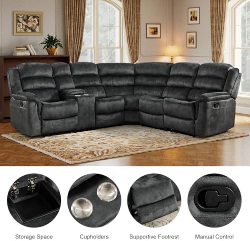 EBELLO Manual Reclining L-Shaped Sectional Sofa Set, Included Soft Fabric - Image 4