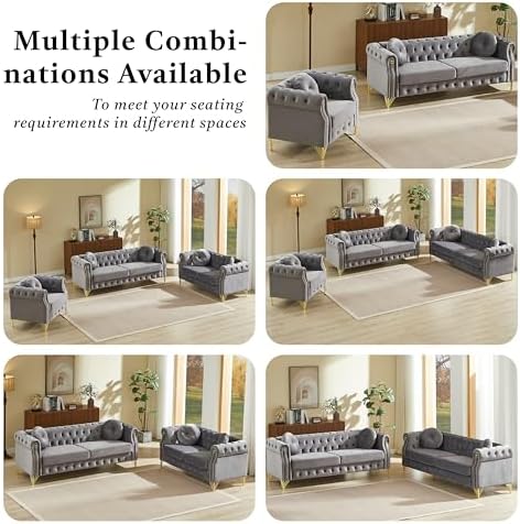 2 Pieces Grey Velvet Chesterfield 82" 3-Seater Sofa Sets, Featuring Copper Stud - Image 6