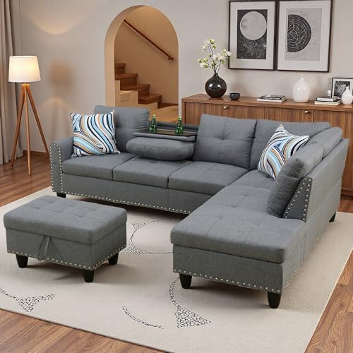 L-Shaped Couch Set, 97.5" L x 69.5" W Sectional Sofas Linen Grey - Image 5