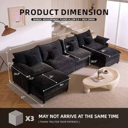 GOSUHI 142.5" U-Shaped Modular Cloud Couch, Deep Seat, Chenille Black - Image 2