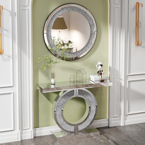 O-Shaped Silver Mirrored Console Table and Round Wall Mirror Set, 2 Piece by Unknown